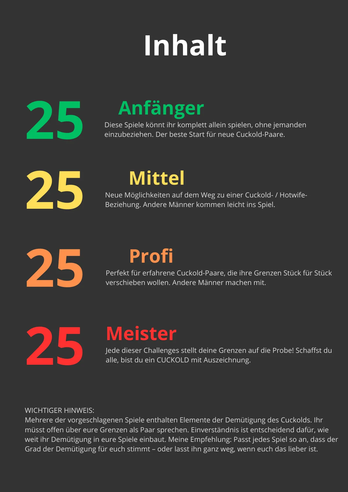 Inhaltsverzeichnis: die fünf Spielstufen
